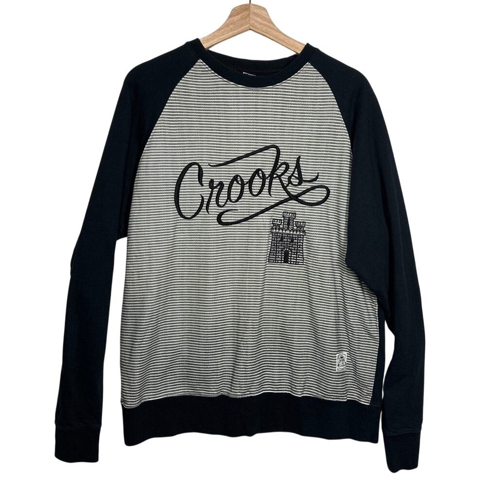 Crooks & Castles Crewneck Sweatshirt Mens L Embroidered Logo Striped Front Y2K